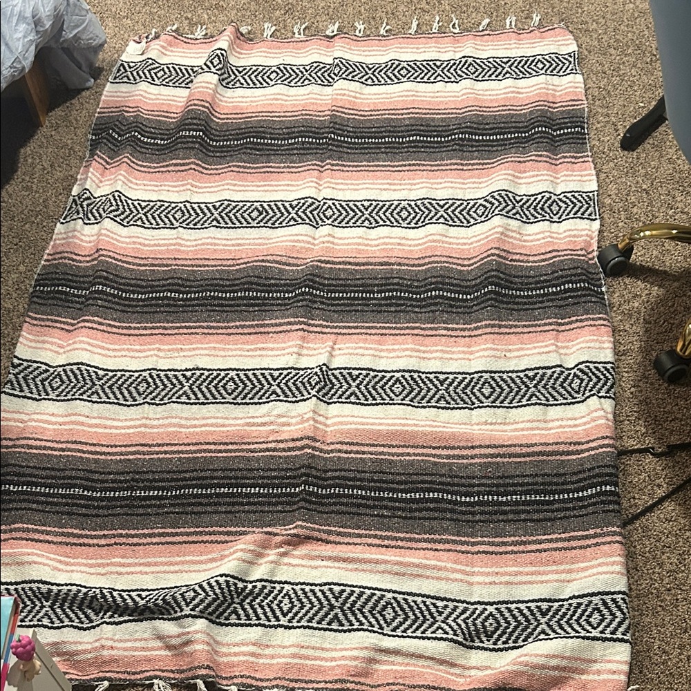 Woven Striped Throw Blanket in Pink, Black & Cream